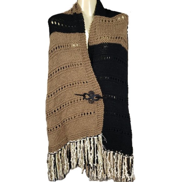 NEW Black Brown Colorblock Hand Knitted Shawl Scarf Wrap Boho Hippie Handmade - Picture 2 of 9